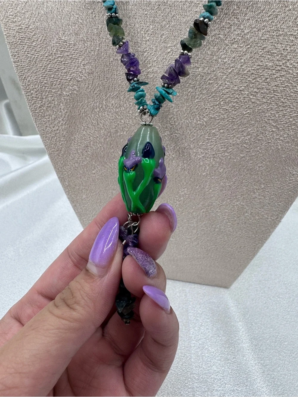 Boho Gemstone Chip Necklace Green Purple Statement Pendant Tassel 16”